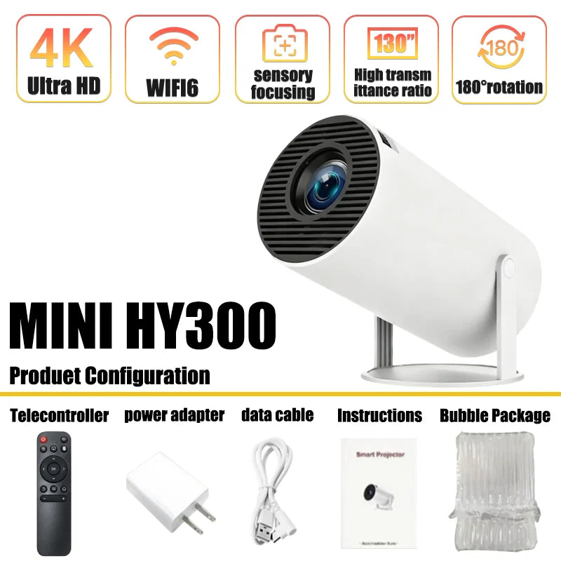 HY300 4K Android Projector – 8000 Lumens, 1080P Full HD, Wi-Fi 6, Bluetooth 5.0, Portable Mini Projector for Home & Outdoor