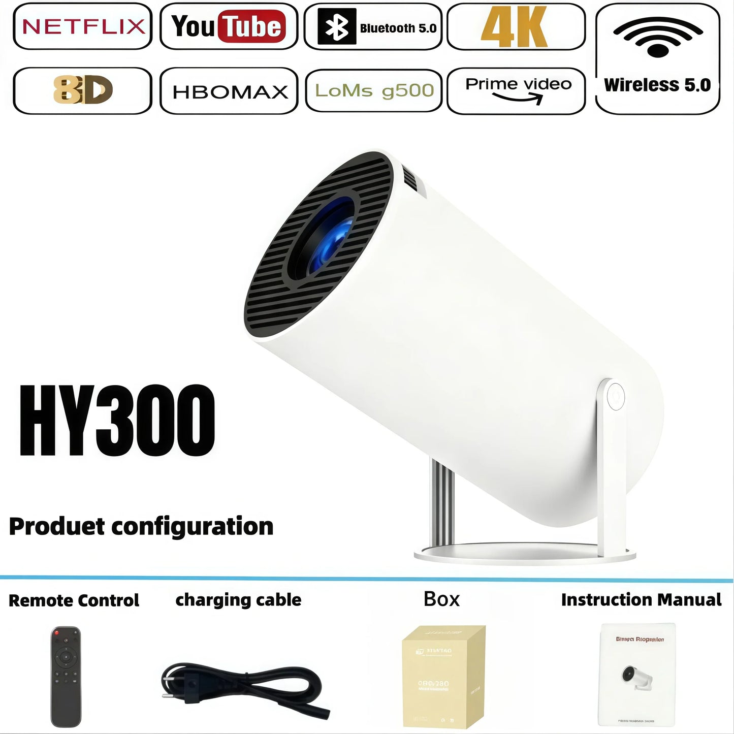 HY300 4K Android Projector – 8000 Lumens, 1080P Full HD, Wi-Fi 6, Bluetooth 5.0, Portable Mini Projector for Home & Outdoor