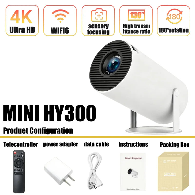 HY300 4K Android Projector – 8000 Lumens, 1080P Full HD, Wi-Fi 6, Bluetooth 5.0, Portable Mini Projector for Home & Outdoor