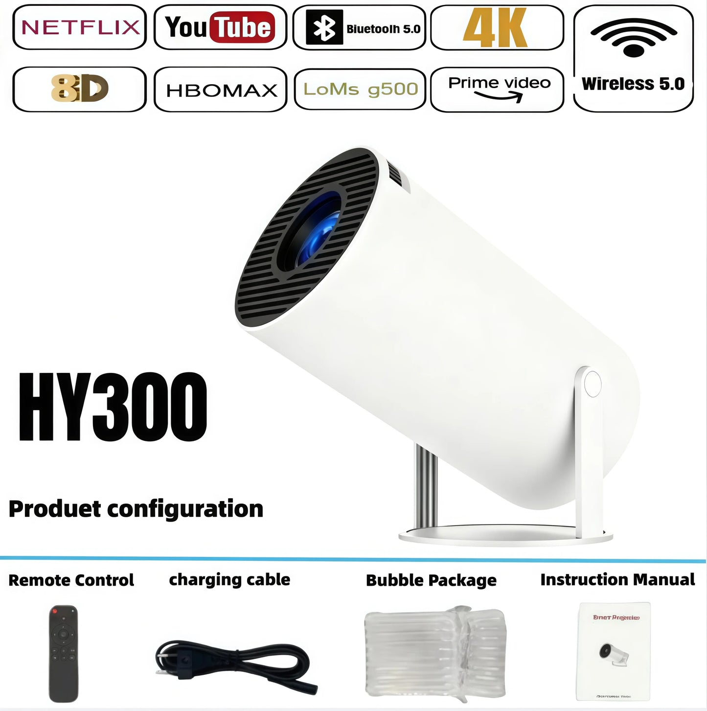 HY300 4K Android Projector – 8000 Lumens, 1080P Full HD, Wi-Fi 6, Bluetooth 5.0, Portable Mini Projector for Home & Outdoor